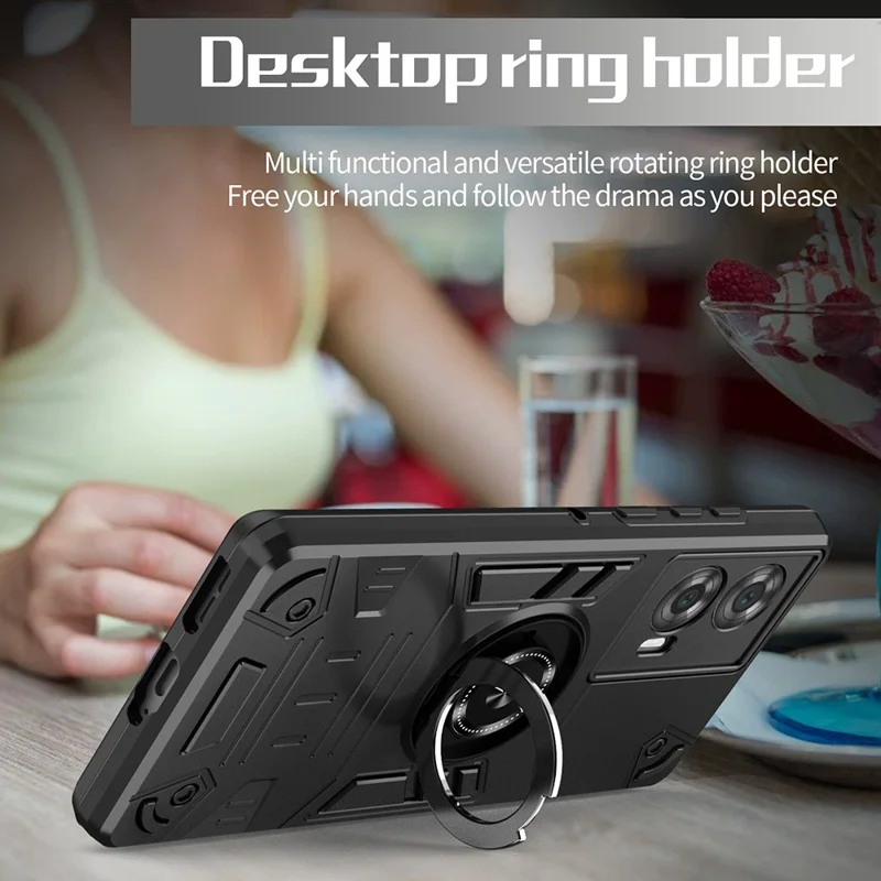 For Motorola Edge 50 Fusion 5G Case with Ring Holder Kickstand PC + TPU Anti-Fall Phone Cover - Black