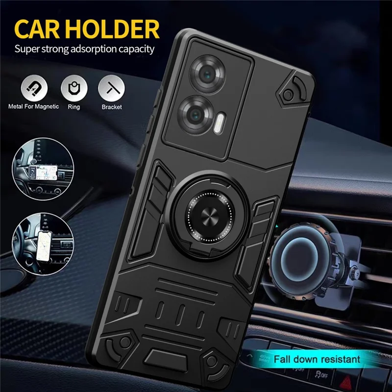 For Motorola Edge 50 Fusion 5G Case with Ring Holder Kickstand PC + TPU Anti-Fall Phone Cover - Black