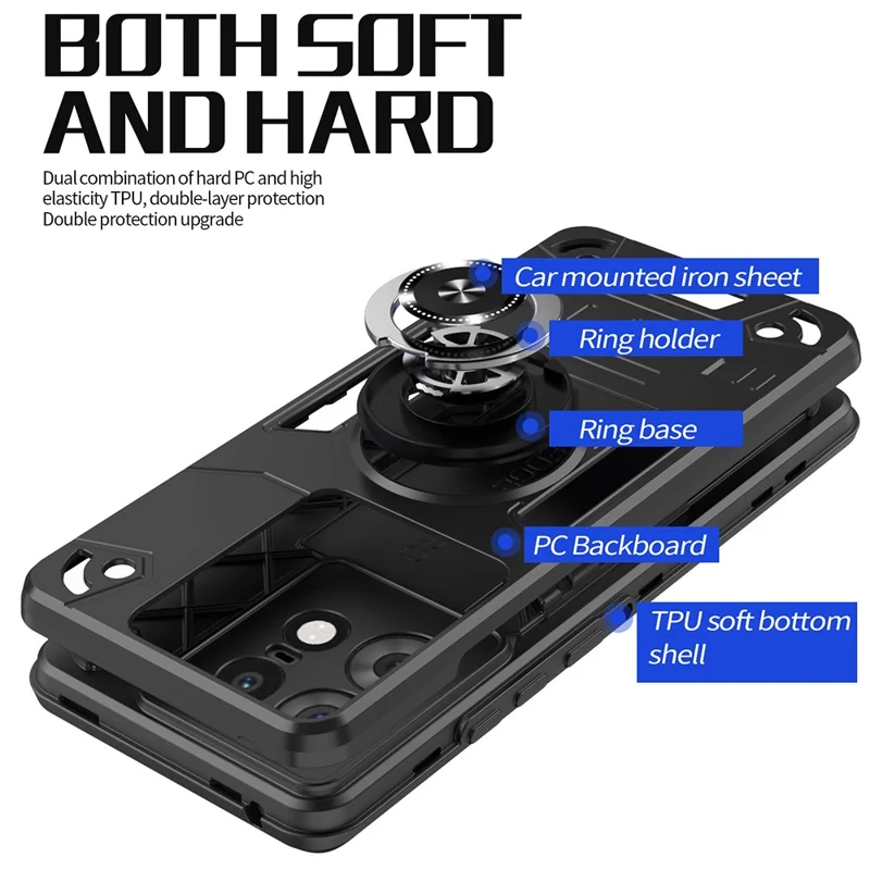 Til Motorola Edge 50 Pro 5G hylse med ringeholder og støtteben PC + TPU anti-fald telefonbeskyttelse - Sort