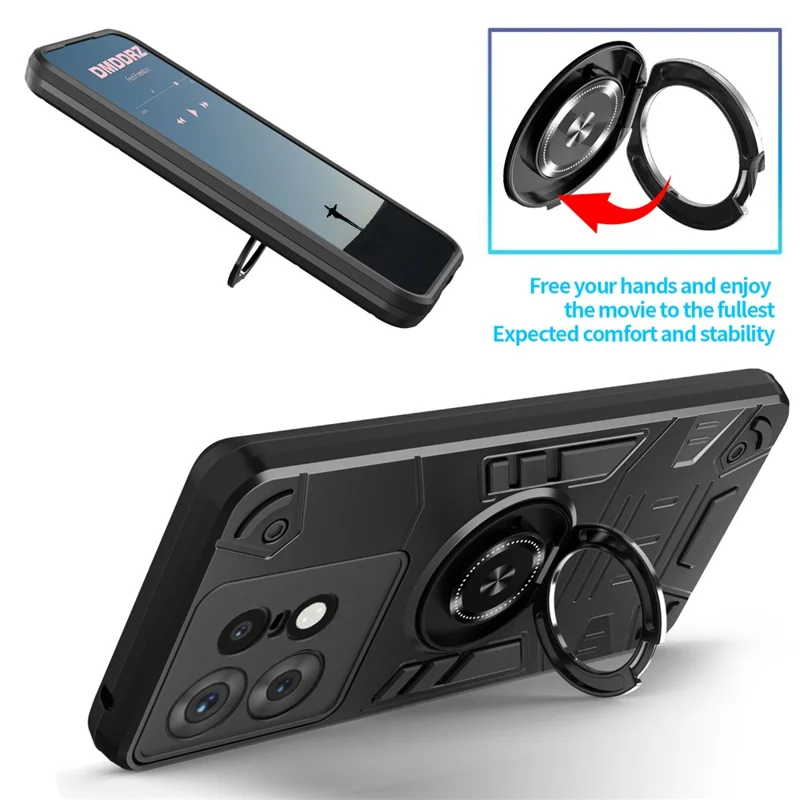 Til Motorola Edge 50 Pro 5G hylse med ringeholder og støtteben PC + TPU anti-fald telefonbeskyttelse - Sort