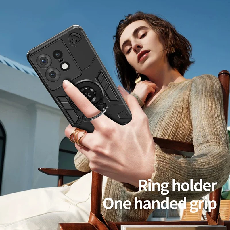 Til Motorola Edge 50 Pro 5G hylse med ringeholder og støtteben PC + TPU anti-fald telefonbeskyttelse - Sort