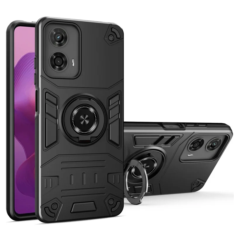 غطاء هاتف لـ Motorola Moto G04 4G / G04s 4G / G24 4G / E14 4G PC + TPU مقاوم للسقوط مع حامل حلقة - أسود