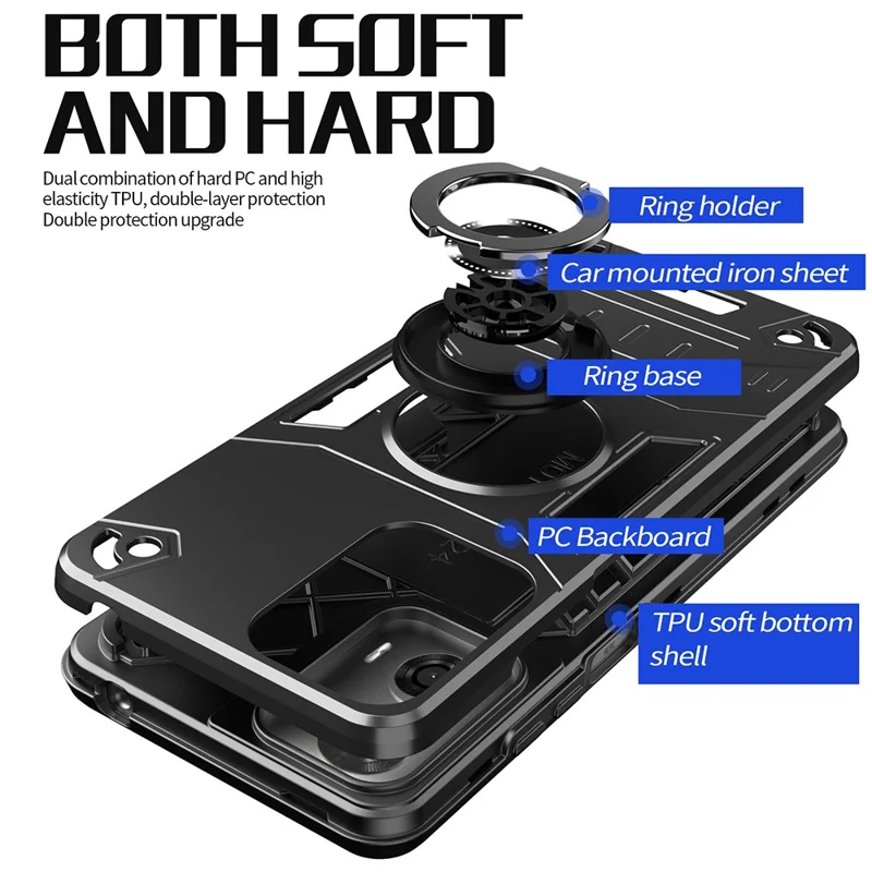 غطاء هاتف لـ Motorola Moto G04 4G / G04s 4G / G24 4G / E14 4G PC + TPU مقاوم للسقوط مع حامل حلقة - أسود