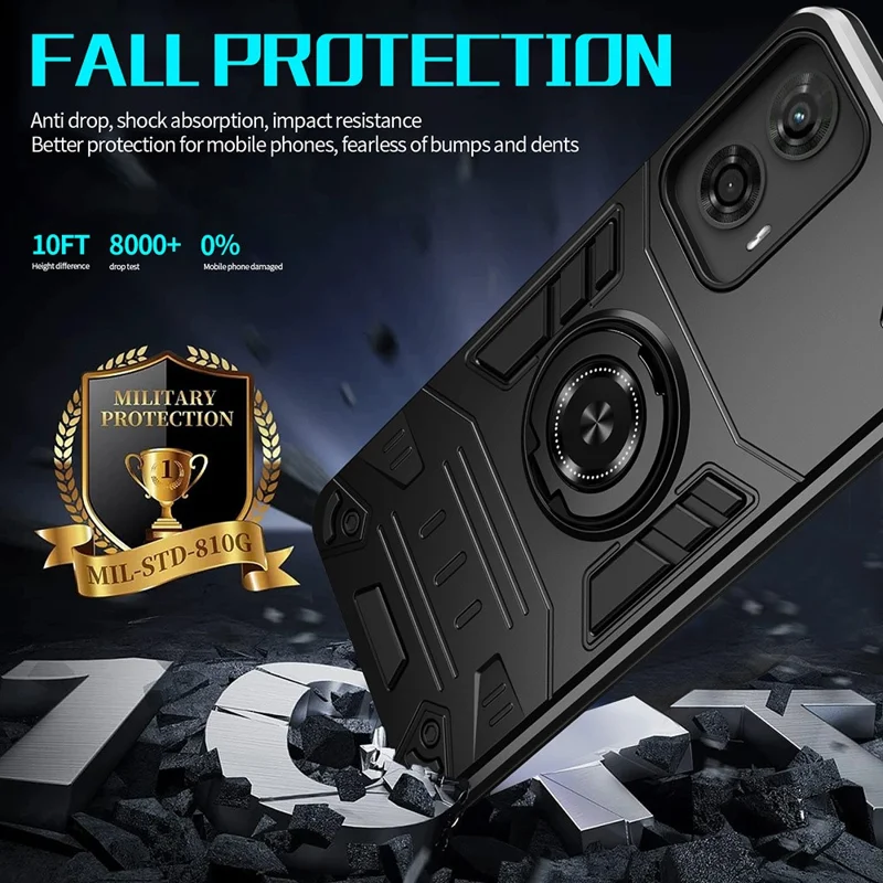 غطاء هاتف لـ Motorola Moto G04 4G / G04s 4G / G24 4G / E14 4G PC + TPU مقاوم للسقوط مع حامل حلقة - أسود