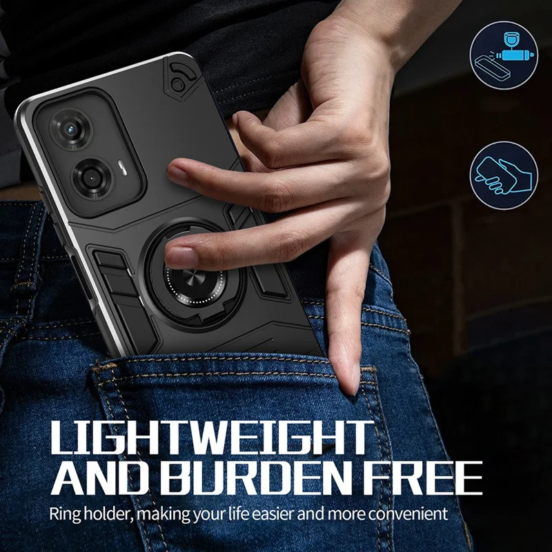 غطاء هاتف لـ Motorola Moto G04 4G / G04s 4G / G24 4G / E14 4G PC + TPU مقاوم للسقوط مع حامل حلقة - أسود