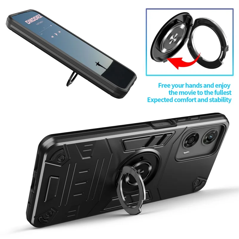 غطاء هاتف لـ Motorola Moto G04 4G / G04s 4G / G24 4G / E14 4G PC + TPU مقاوم للسقوط مع حامل حلقة - أسود