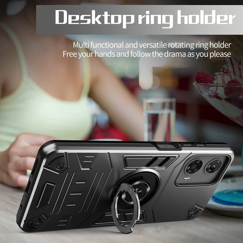 غطاء هاتف لـ Motorola Moto G04 4G / G04s 4G / G24 4G / E14 4G PC + TPU مقاوم للسقوط مع حامل حلقة - أسود