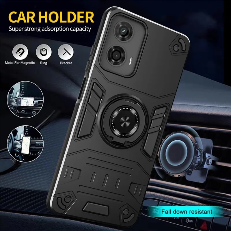 غطاء هاتف لـ Motorola Moto G04 4G / G04s 4G / G24 4G / E14 4G PC + TPU مقاوم للسقوط مع حامل حلقة - أسود