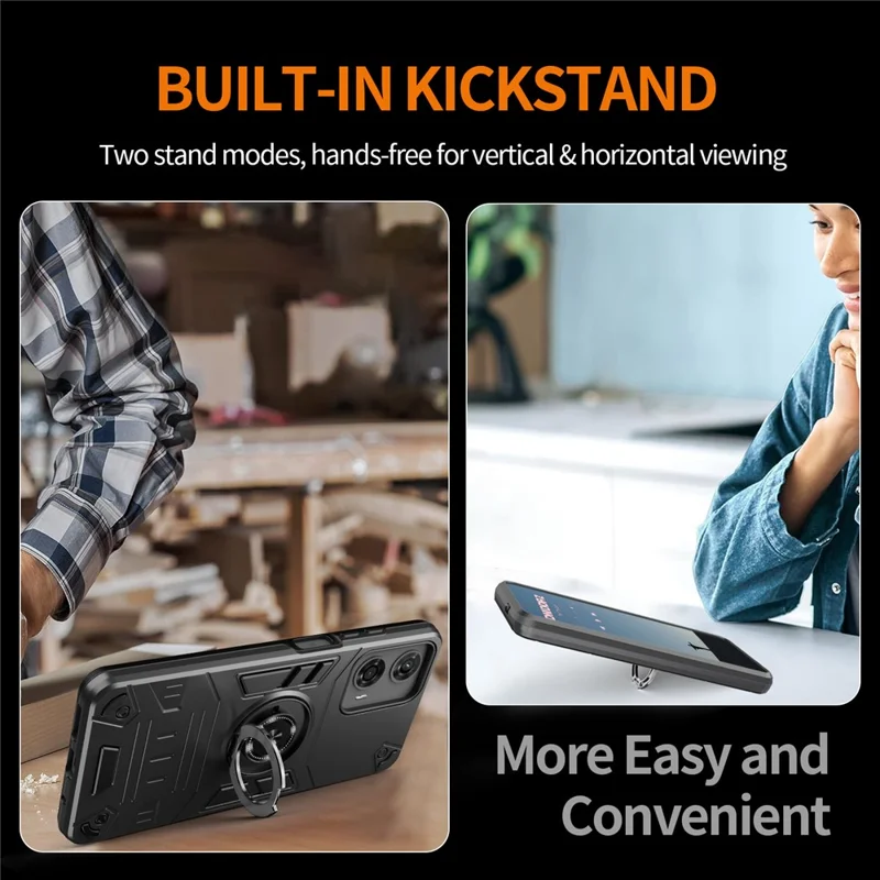 غطاء هاتف لـ Motorola Moto G04 4G / G04s 4G / G24 4G / E14 4G PC + TPU مقاوم للسقوط مع حامل حلقة - أسود