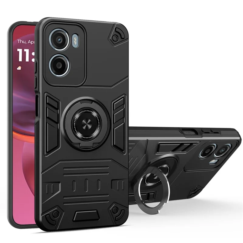 For Motorola Moto G05 4G / E15 4G Case with Ring Holder Kickstand PC + TPU Anti-Fall Phone Cover - Black