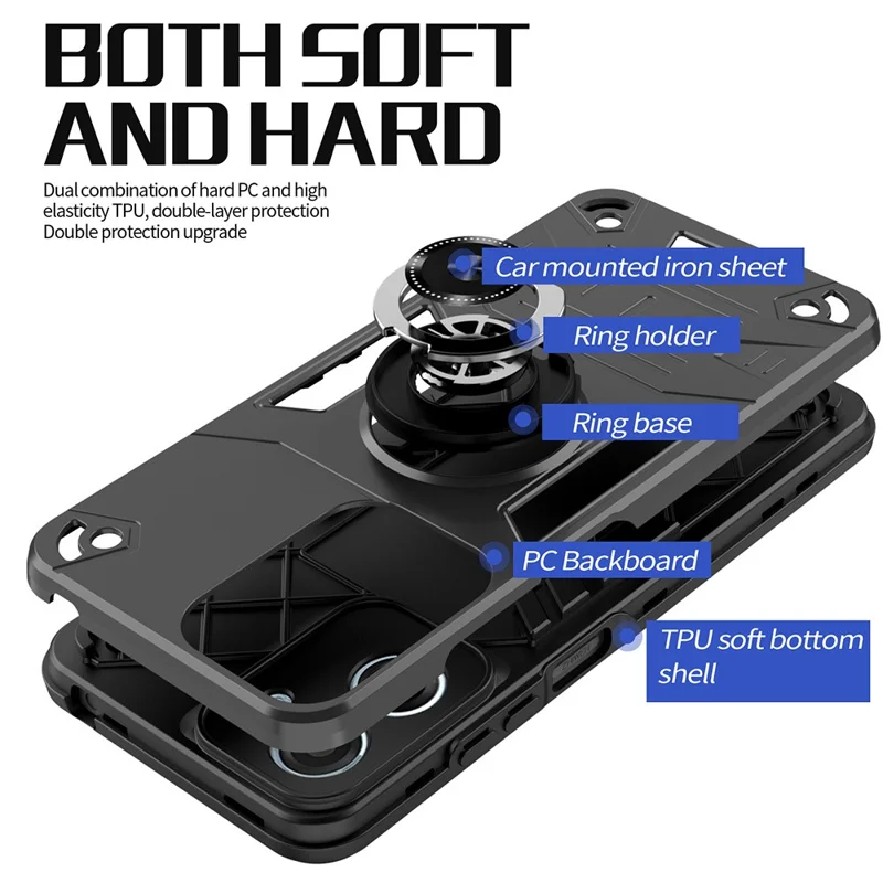 For Motorola Moto G05 4G / E15 4G Case with Ring Holder Kickstand PC + TPU Anti-Fall Phone Cover - Black