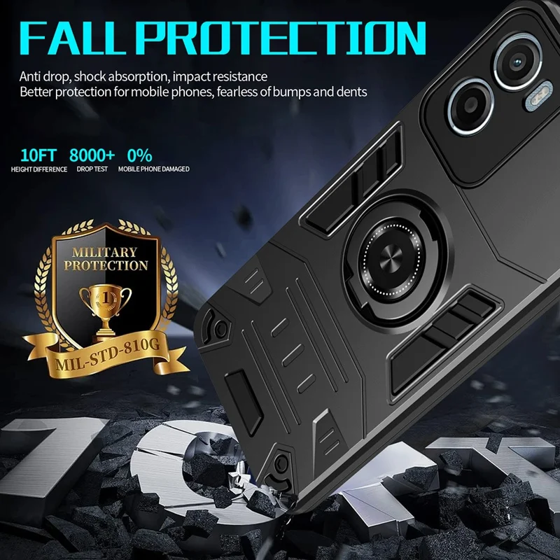 For Motorola Moto G05 4G / E15 4G Case with Ring Holder Kickstand PC + TPU Anti-Fall Phone Cover - Black