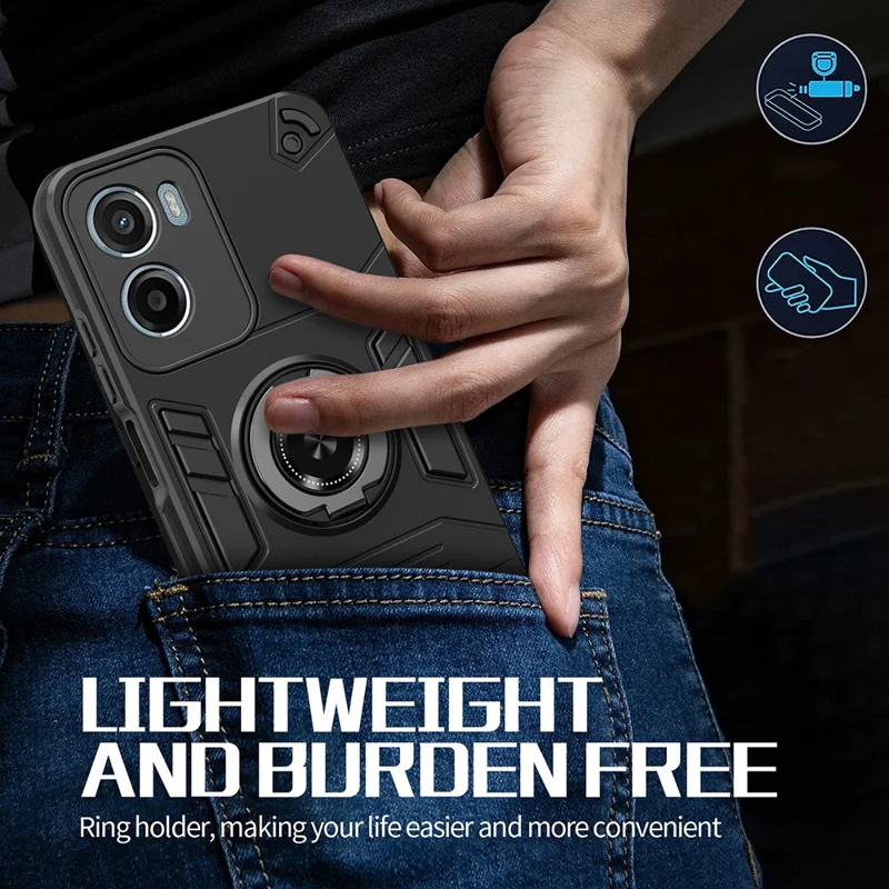 For Motorola Moto G05 4G / E15 4G Case with Ring Holder Kickstand PC + TPU Anti-Fall Phone Cover - Black