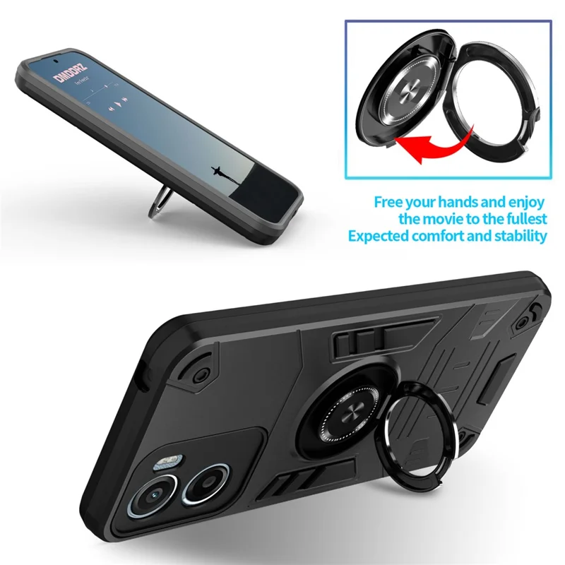 For Motorola Moto G05 4G / E15 4G Case with Ring Holder Kickstand PC + TPU Anti-Fall Phone Cover - Black