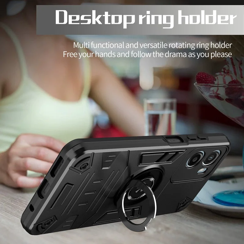 For Motorola Moto G05 4G / E15 4G Case with Ring Holder Kickstand PC + TPU Anti-Fall Phone Cover - Black