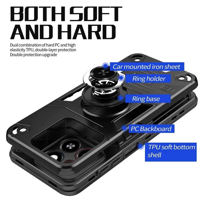 For ZTE Blade A35 / A55 Case with Ring Holder Kickstand PC + TPU Anti-Fall Phone Cover - Black