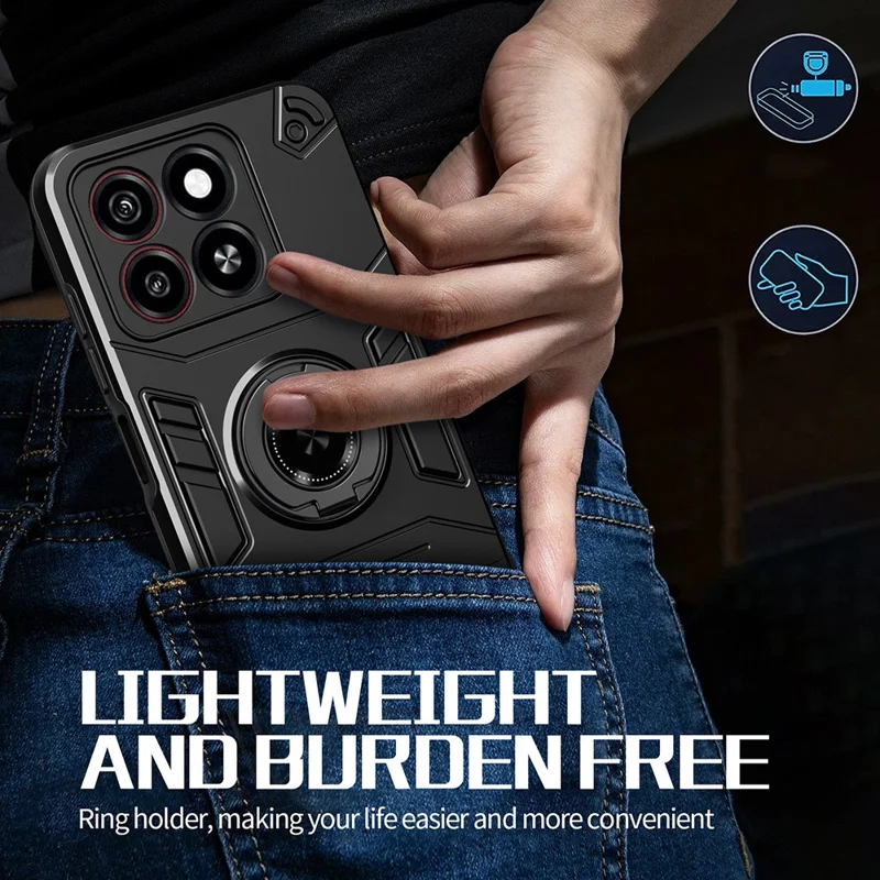 For ZTE Blade A35 / A55 Case with Ring Holder Kickstand PC + TPU Anti-Fall Phone Cover - Black