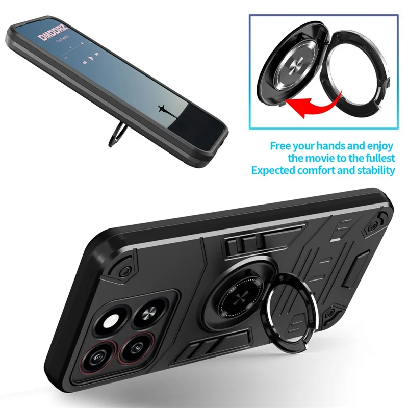 For ZTE Blade A35 / A55 Case with Ring Holder Kickstand PC + TPU Anti-Fall Phone Cover - Black