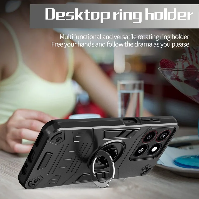 For ZTE Blade A35 / A55 Case with Ring Holder Kickstand PC + TPU Anti-Fall Phone Cover - Black