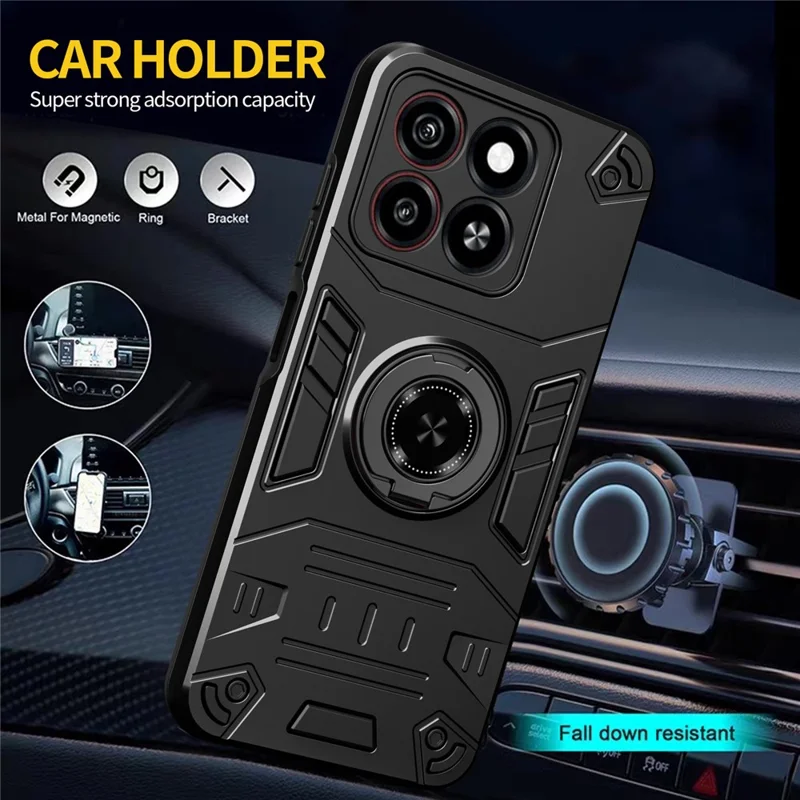 For ZTE Blade A35 / A55 Case with Ring Holder Kickstand PC + TPU Anti-Fall Phone Cover - Black