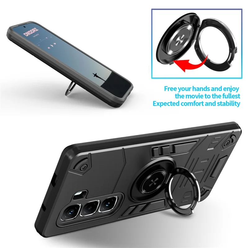 For Infinix Hot 50 Pro+ 4G Case with Ring Holder Kickstand PC + TPU Anti-Fall Phone Cover - Black