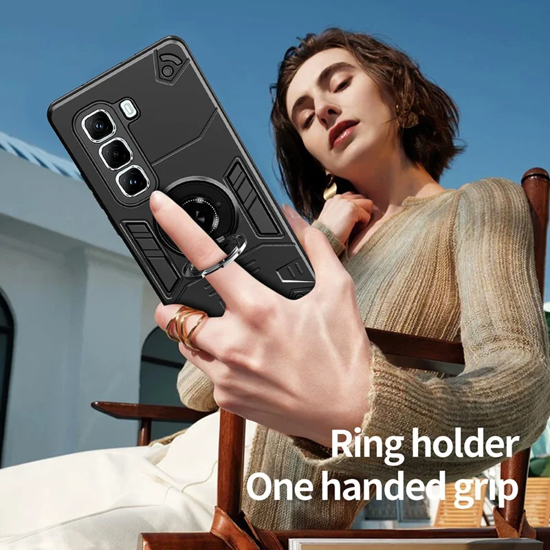 For Infinix Hot 50 Pro+ 4G Case with Ring Holder Kickstand PC + TPU Anti-Fall Phone Cover - Black