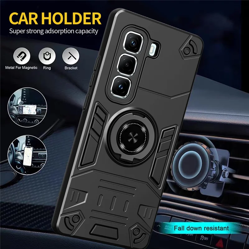 For Infinix Hot 50 Pro+ 4G Case with Ring Holder Kickstand PC + TPU Anti-Fall Phone Cover - Black