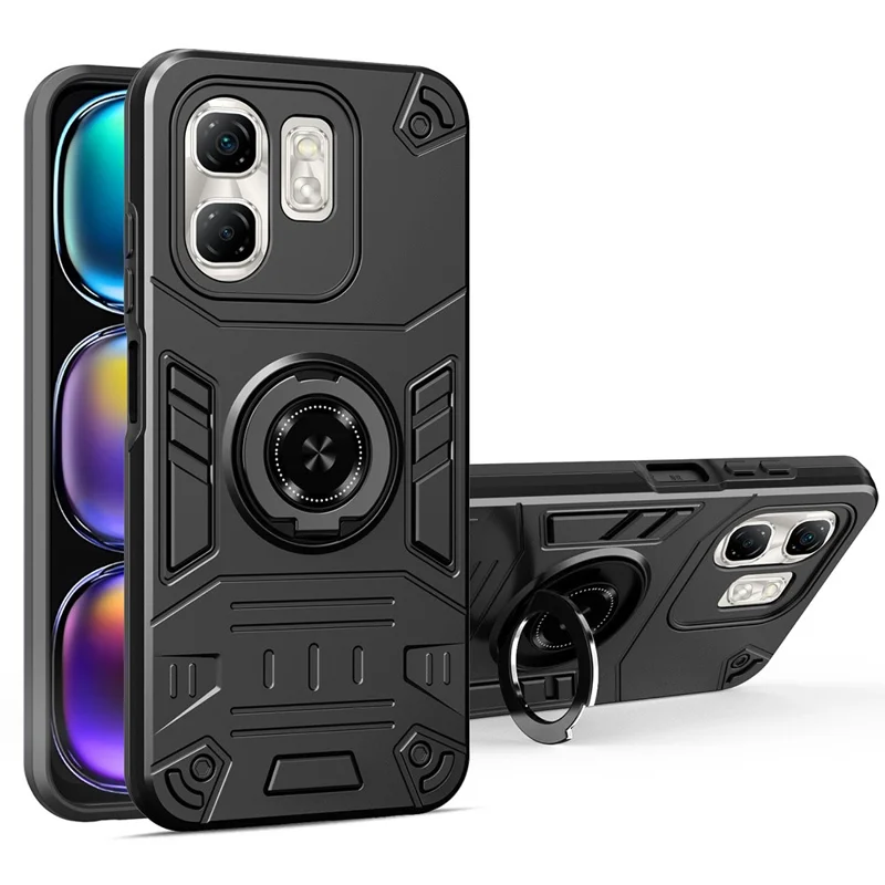 For Infinix Hot 50i 4G / Smart 9 4G Case with Ring Holder Kickstand PC + TPU Anti-Fall Phone Cover - Black