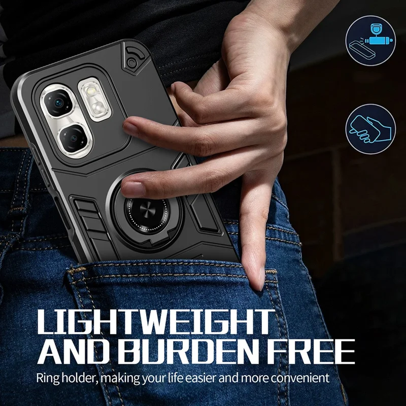 For Infinix Hot 50i 4G / Smart 9 4G Case with Ring Holder Kickstand PC + TPU Anti-Fall Phone Cover - Black