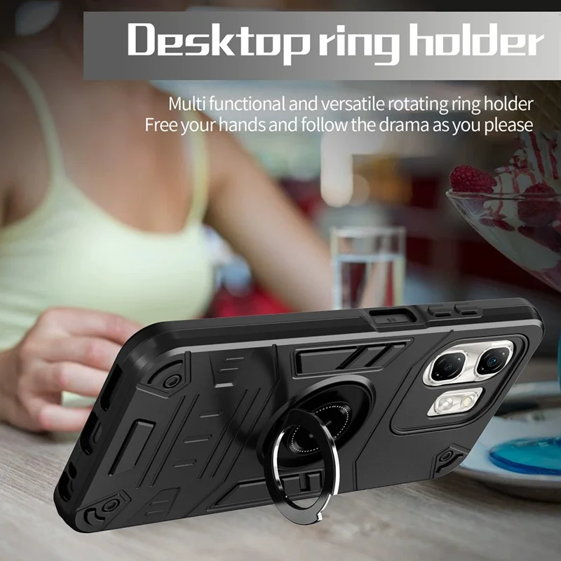 For Infinix Hot 50i 4G / Smart 9 4G Case with Ring Holder Kickstand PC + TPU Anti-Fall Phone Cover - Black