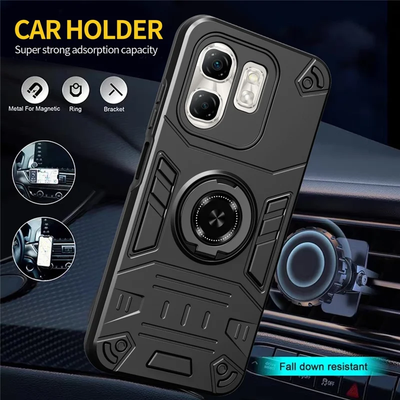 For Infinix Hot 50i 4G / Smart 9 4G Case with Ring Holder Kickstand PC + TPU Anti-Fall Phone Cover - Black