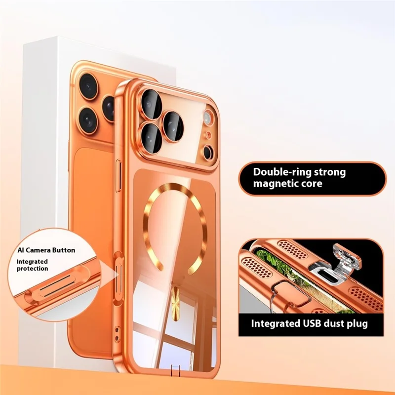 For iPhone 17 Pro Max Case Electroplating Frame Translucent TPU Phone Cover Compatible with MagSafe - Orange