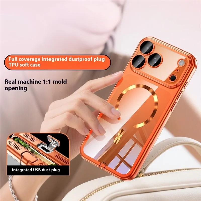 For iPhone 17 Pro Max Case Electroplating Frame Translucent TPU Phone Cover Compatible with MagSafe - Orange
