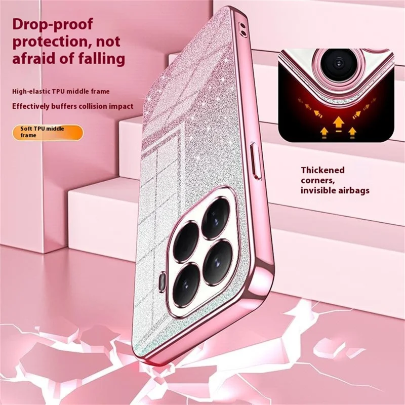 Voor Xiaomi 15T Pro hoesje met electroplating, gradatie glitters, TPU telefoonhoes - Roze