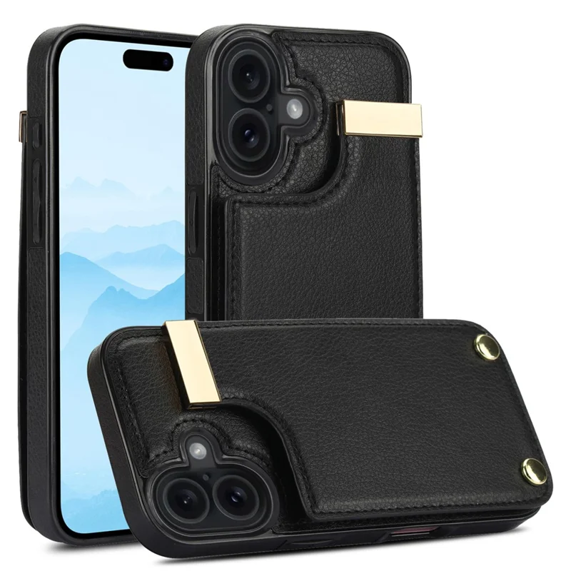 For iPhone 17 Case TPU + PU Leather Hardware Decor Phone Cover with Card Holder - Black