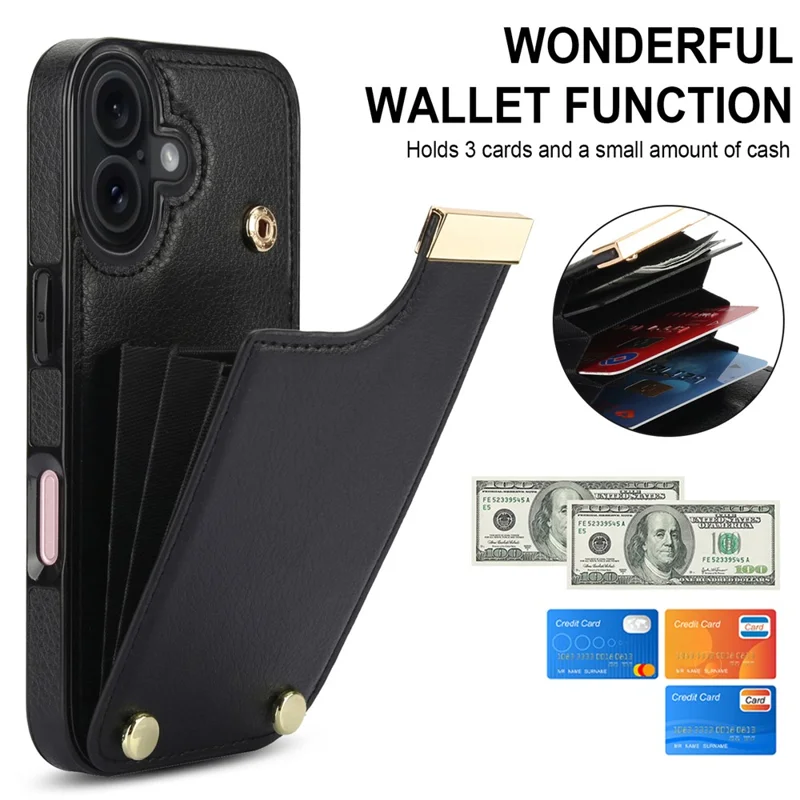 For iPhone 17 Case TPU + PU Leather Hardware Decor Phone Cover with Card Holder - Black