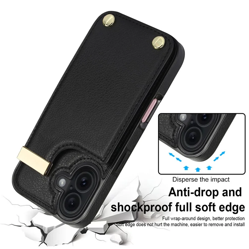 For iPhone 17 Case TPU + PU Leather Hardware Decor Phone Cover with Card Holder - Black