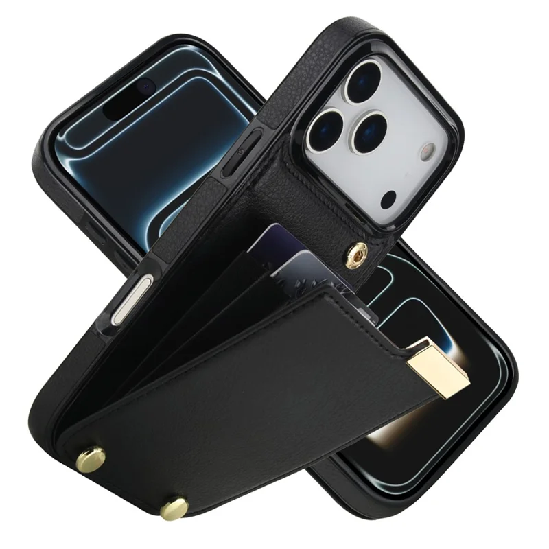 For iPhone 17 Pro Case TPU + PU Leather Hardware Decor Phone Cover with Card Holder - Black