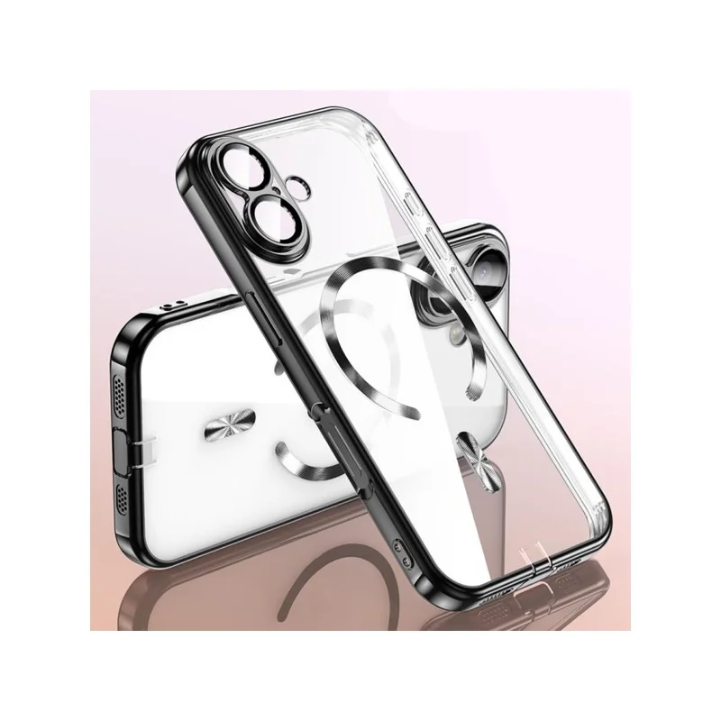 For iPhone 16 Case Electroplating Frame Translucent TPU Phone Cover Compatible with MagSafe - Black