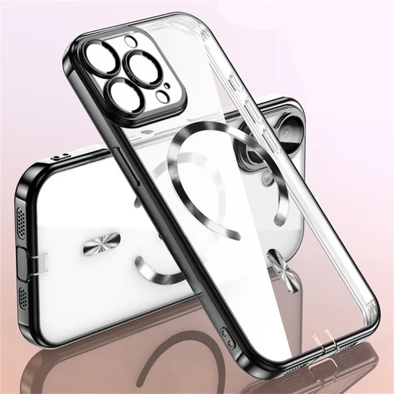 For iPhone 15 Pro Max Case Electroplating Frame Translucent TPU Phone Cover Compatible with MagSafe - Black