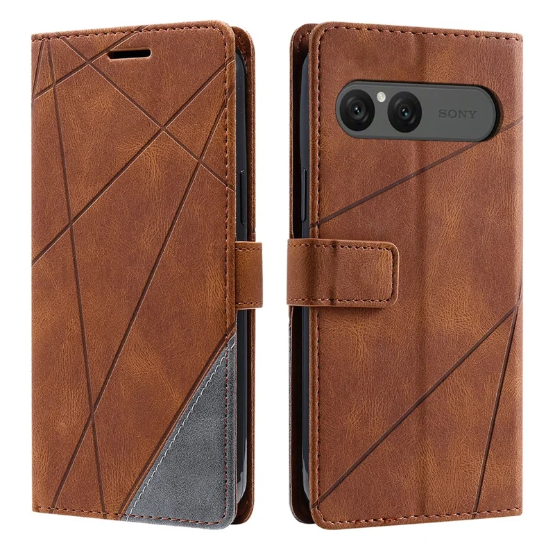 For Sony Xperia 10 VII Case Imprinted Lines PU Leather Splicing Wallet Phone Cover - Brown