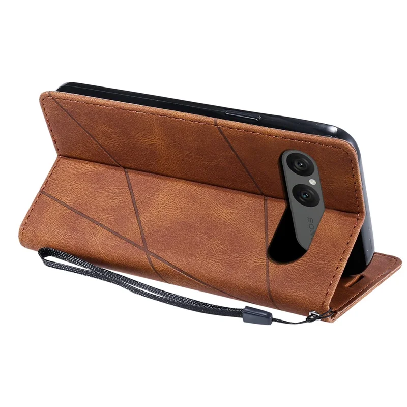 For Sony Xperia 10 VII Case Imprinted Lines PU Leather Splicing Wallet Phone Cover - Brown