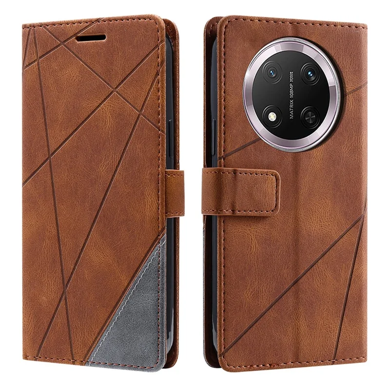 Leather Case for Honor X9c 5G / Magic7 Lite 5G / X60 Pro 5G Imprinted Lines Splicing Wallet Phone Cover - Brown