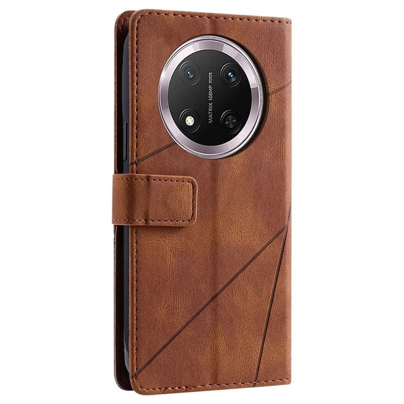 Leather Case for Honor X9c 5G / Magic7 Lite 5G / X60 Pro 5G Imprinted Lines Splicing Wallet Phone Cover - Brown