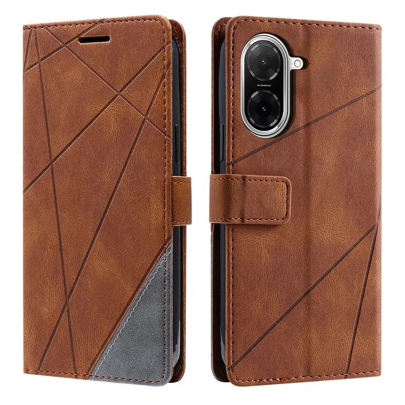 For Xiaomi Redmi A5 4G (171.7mm) / Poco C71 4G Case Imprinted Lines PU Leather Splicing Wallet Phone Cover - Brown