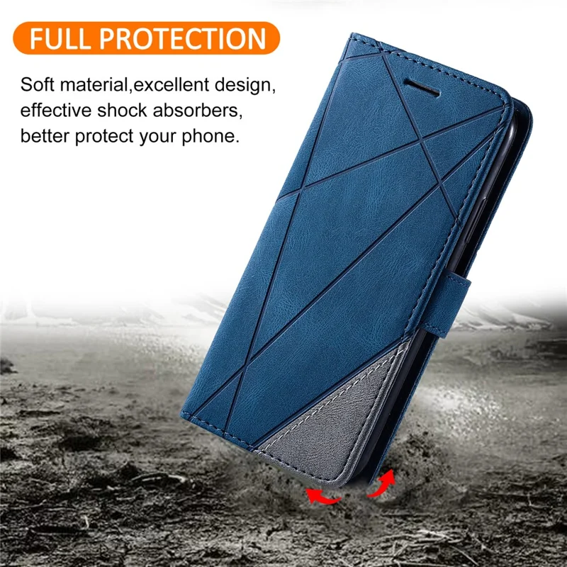 For Xiaomi Poco F7 5G / Redmi Turbo 4 Pro 5G Case Imprinted Lines PU Leather Splicing Wallet Phone Cover - Blue