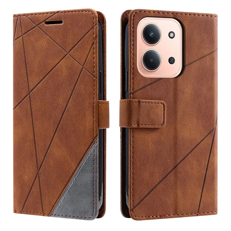 For Xiaomi Redmi 15C 4G (Global) (171mm) / Poco C85 4G (171mm) Case Imprinted Lines PU Leather Splicing Wallet Phone Cover - Brown