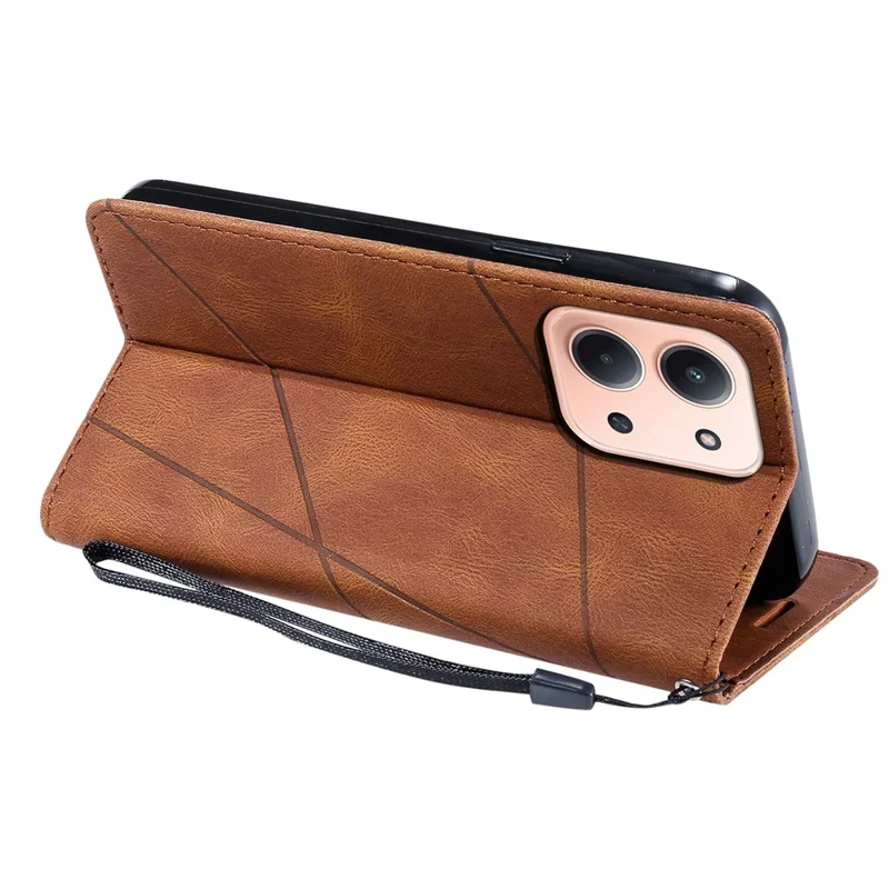 For Xiaomi Redmi 15C 4G (Global) (171mm) / Poco C85 4G (171mm) Case Imprinted Lines PU Leather Splicing Wallet Phone Cover - Brown