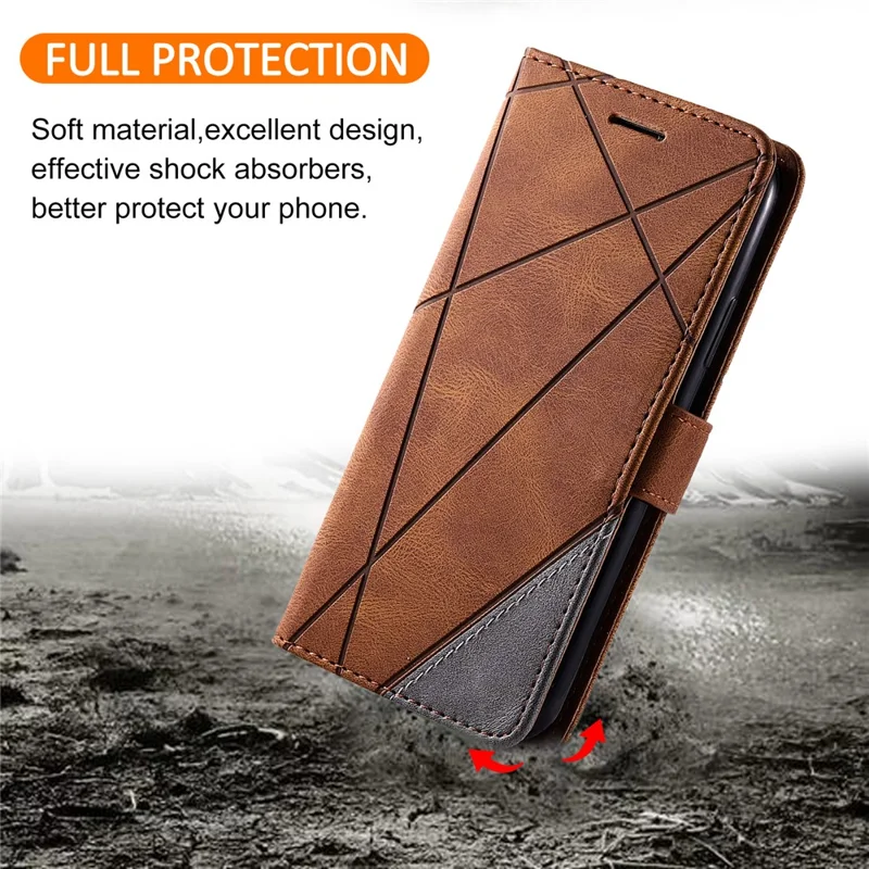 For Xiaomi Redmi 15C 4G (Global) (171mm) / Poco C85 4G (171mm) Case Imprinted Lines PU Leather Splicing Wallet Phone Cover - Brown