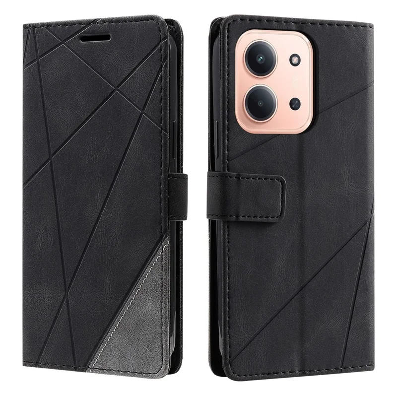 Leather Case for Xiaomi Redmi 15C 4G (EU) (173mm) / 15C 5G (EU) (173mm) / Poco C85 4G (173mm) Imprinted Lines Splicing Wallet Phone Cover - Black
